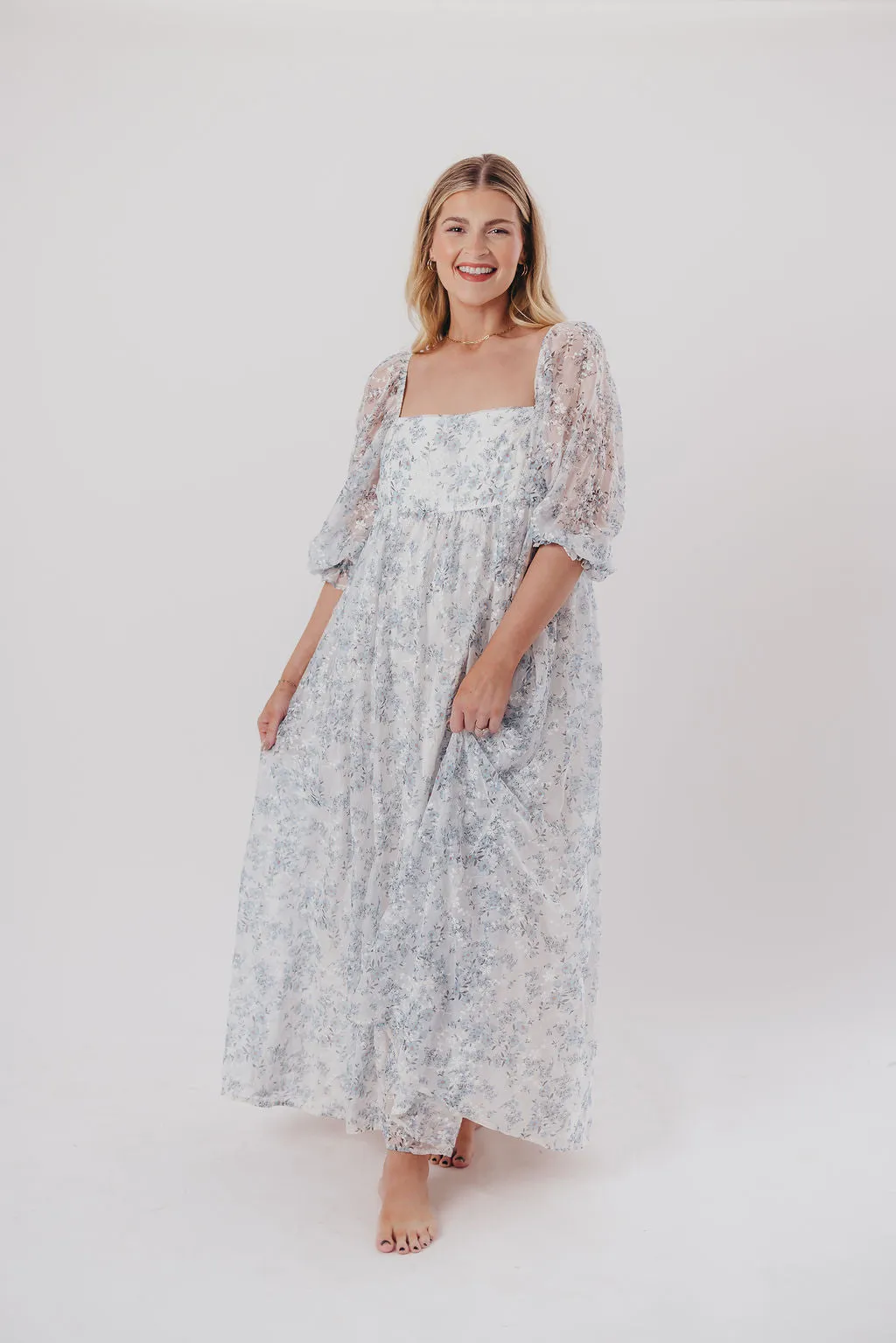 Mona Maxi Dress with Smocking in Blue White - Bump Friendly & Inclusive Sizing (S-3XL)