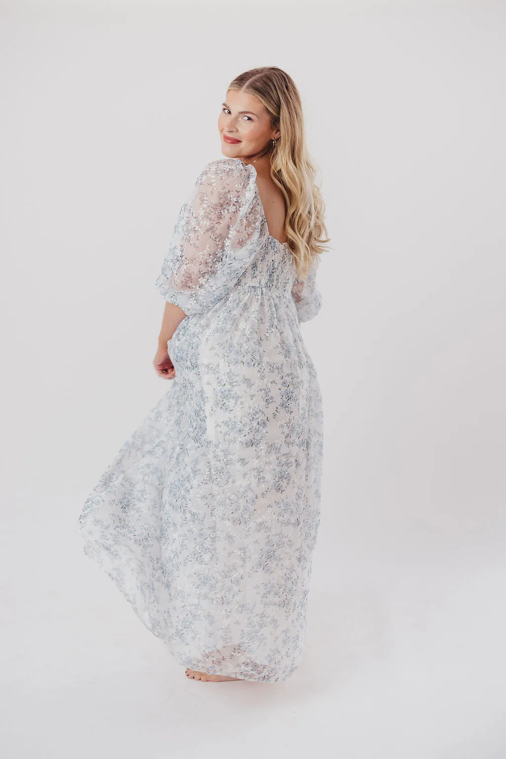 Mona Maxi Dress with Smocking in Blue White - Bump Friendly & Inclusive Sizing (S-3XL)