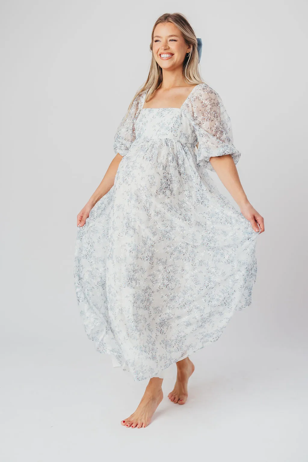 Mona Maxi Dress with Smocking in Blue White - Bump Friendly & Inclusive Sizing (S-3XL)