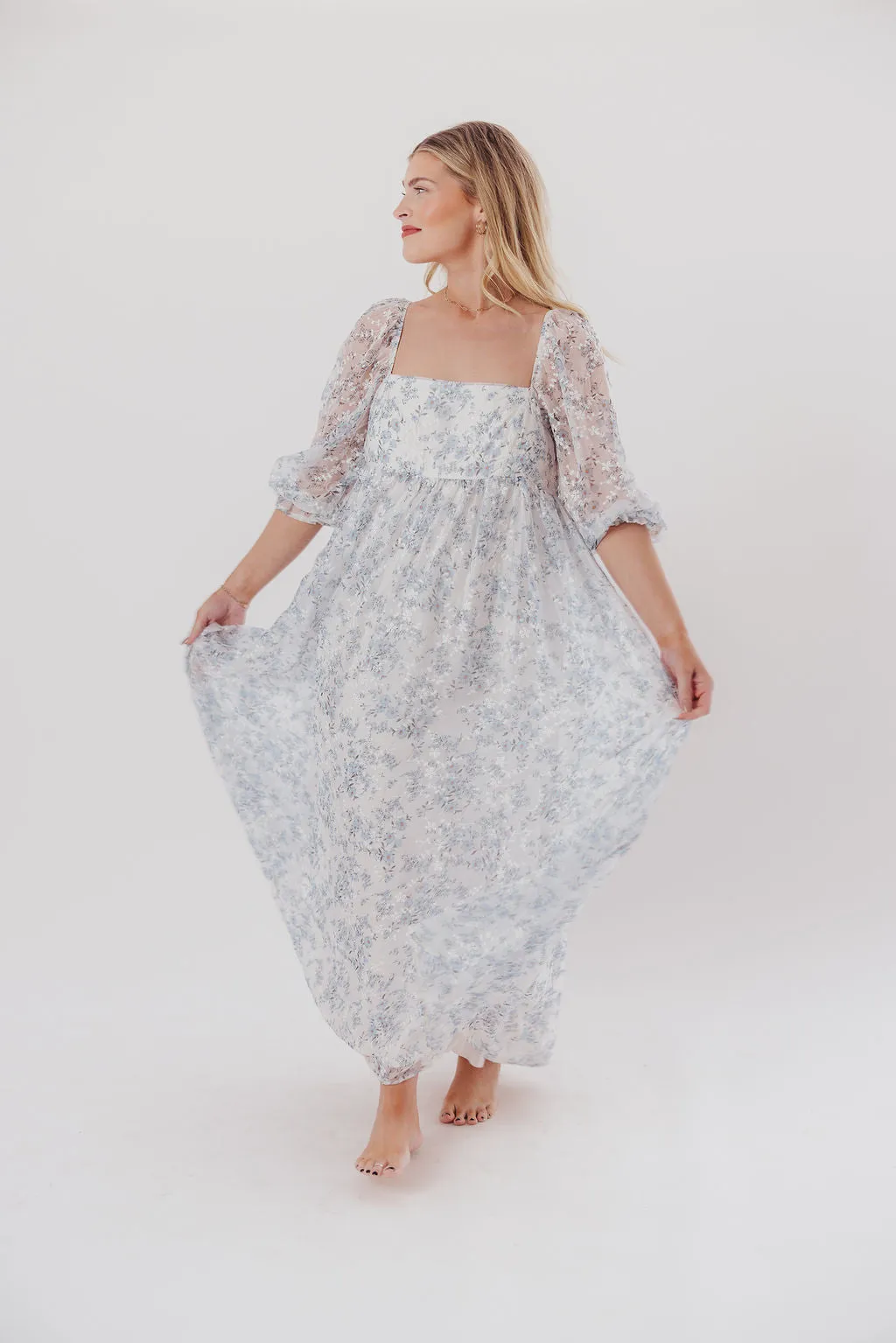 Mona Maxi Dress with Smocking in Blue White - Bump Friendly & Inclusive Sizing (S-3XL)