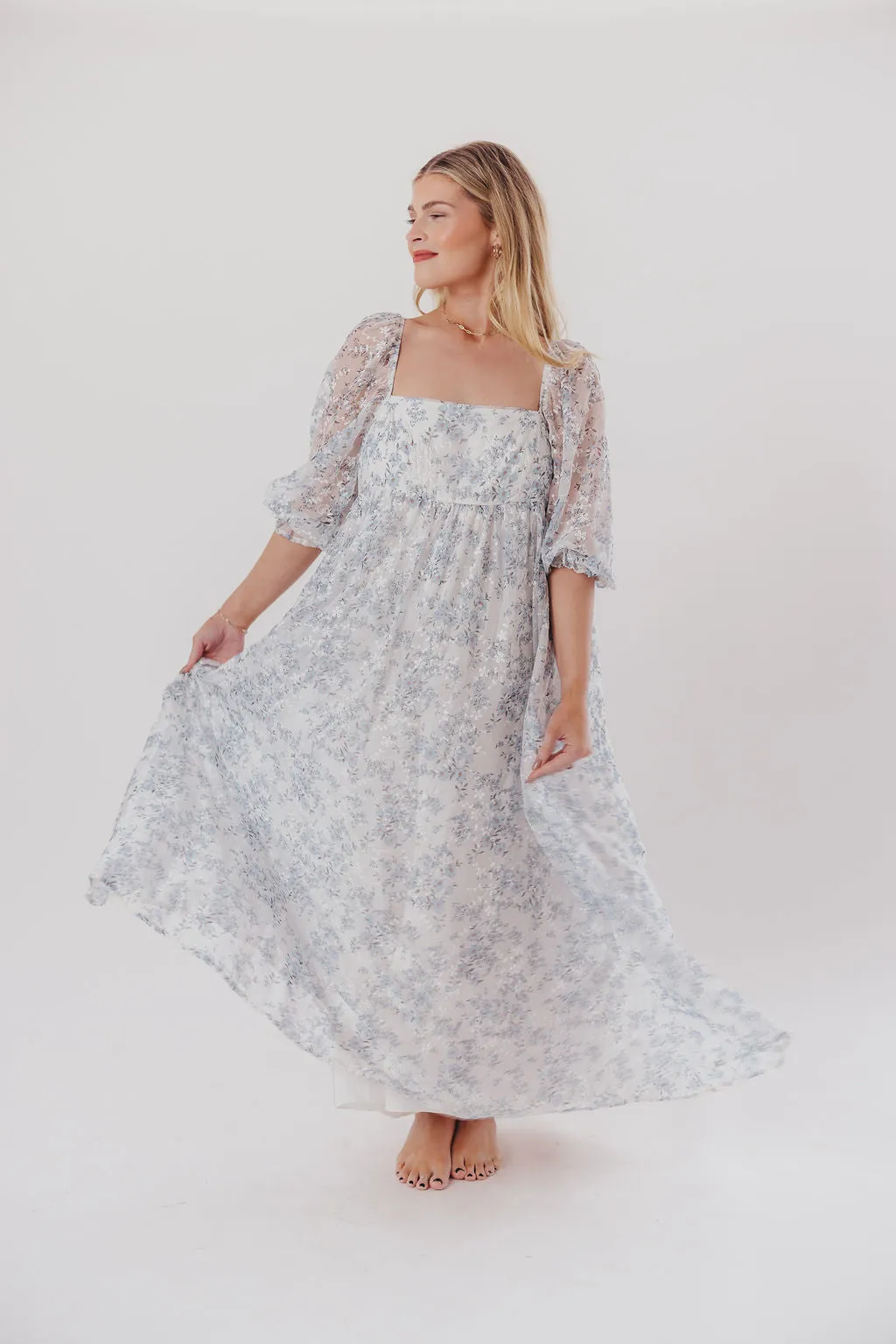 Mona Maxi Dress with Smocking in Blue White - Bump Friendly & Inclusive Sizing (S-3XL)