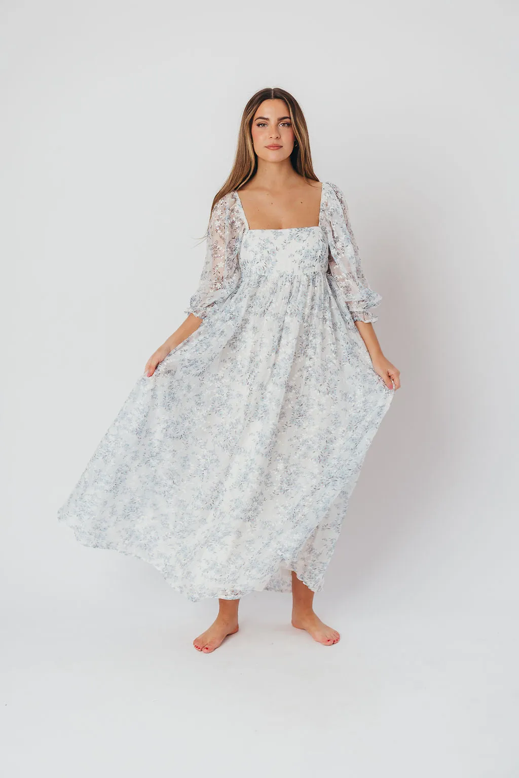 Mona Maxi Dress with Smocking in Blue White - Bump Friendly & Inclusive Sizing (S-3XL)