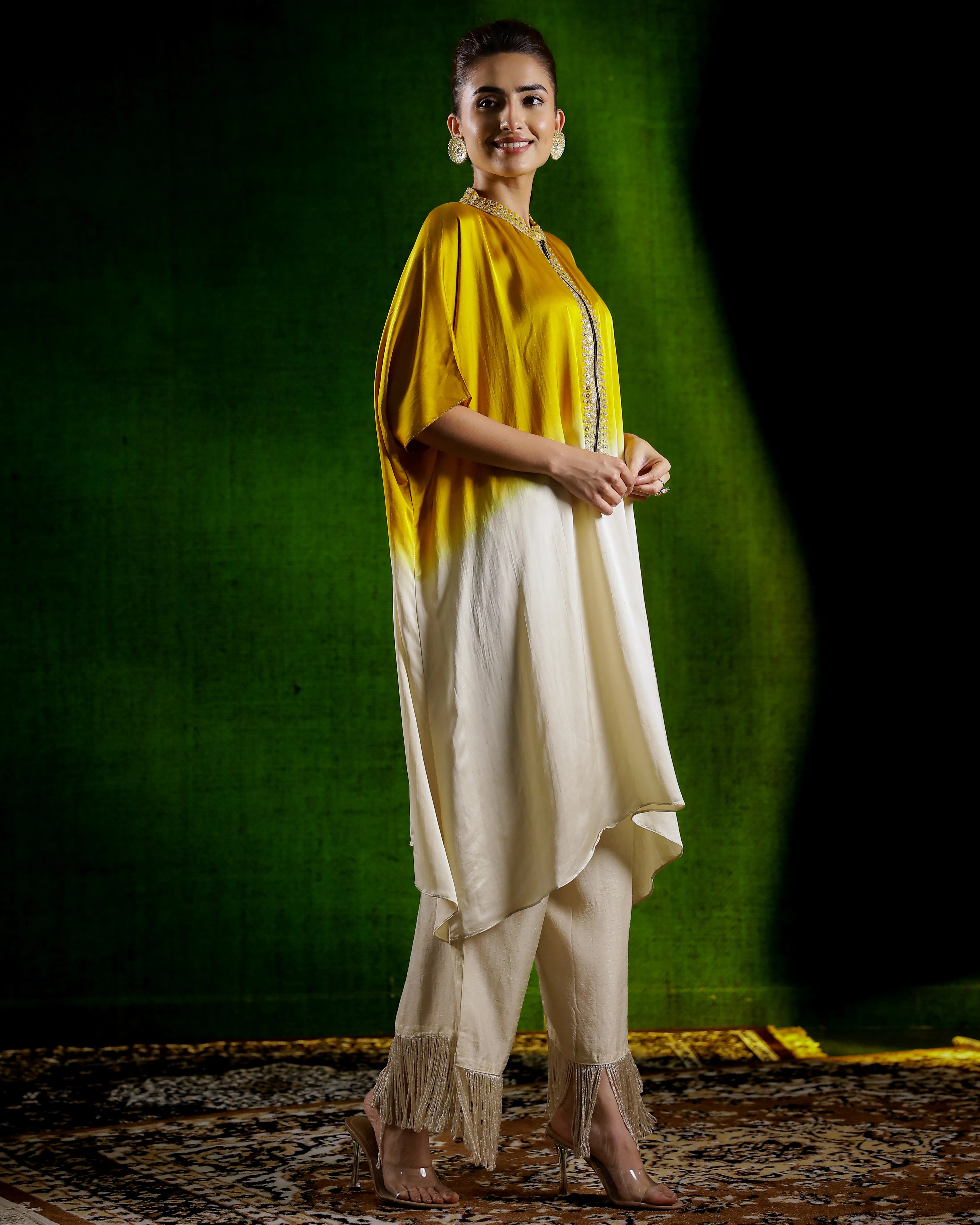 Mustard Ombre Dyed Satin Silk Kaftan Set