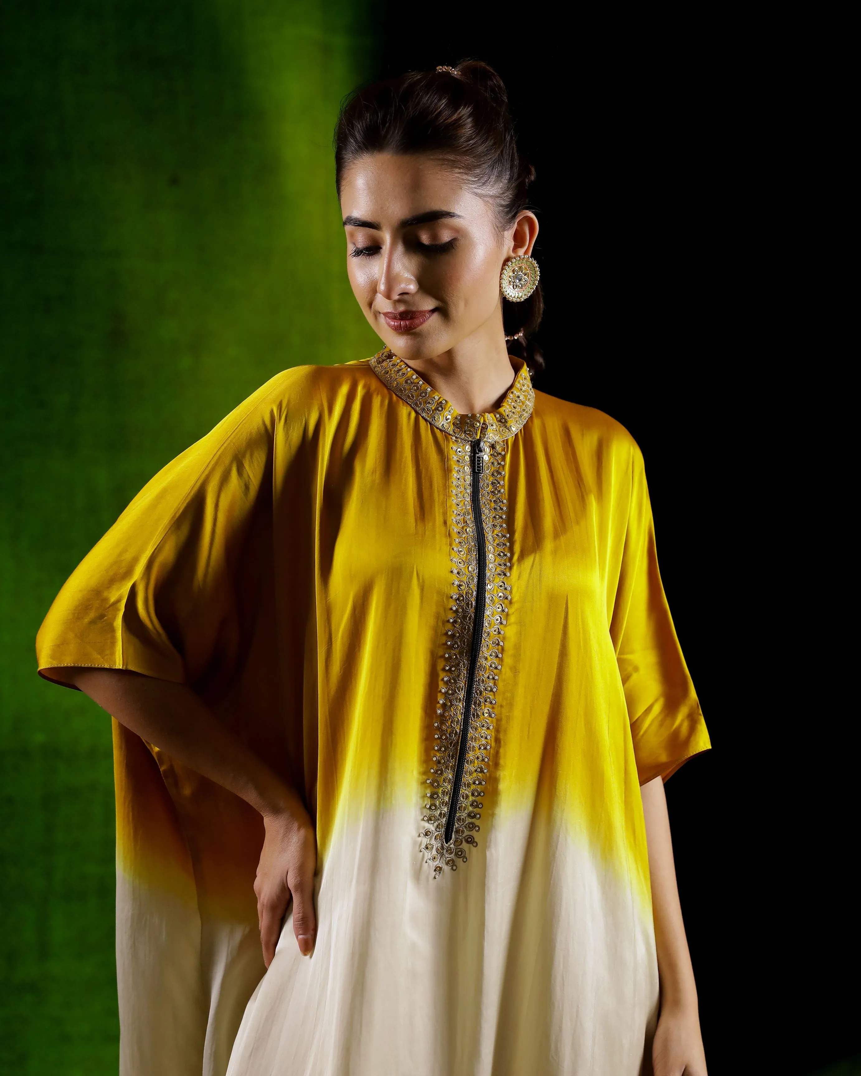 Mustard Ombre Dyed Satin Silk Kaftan Set