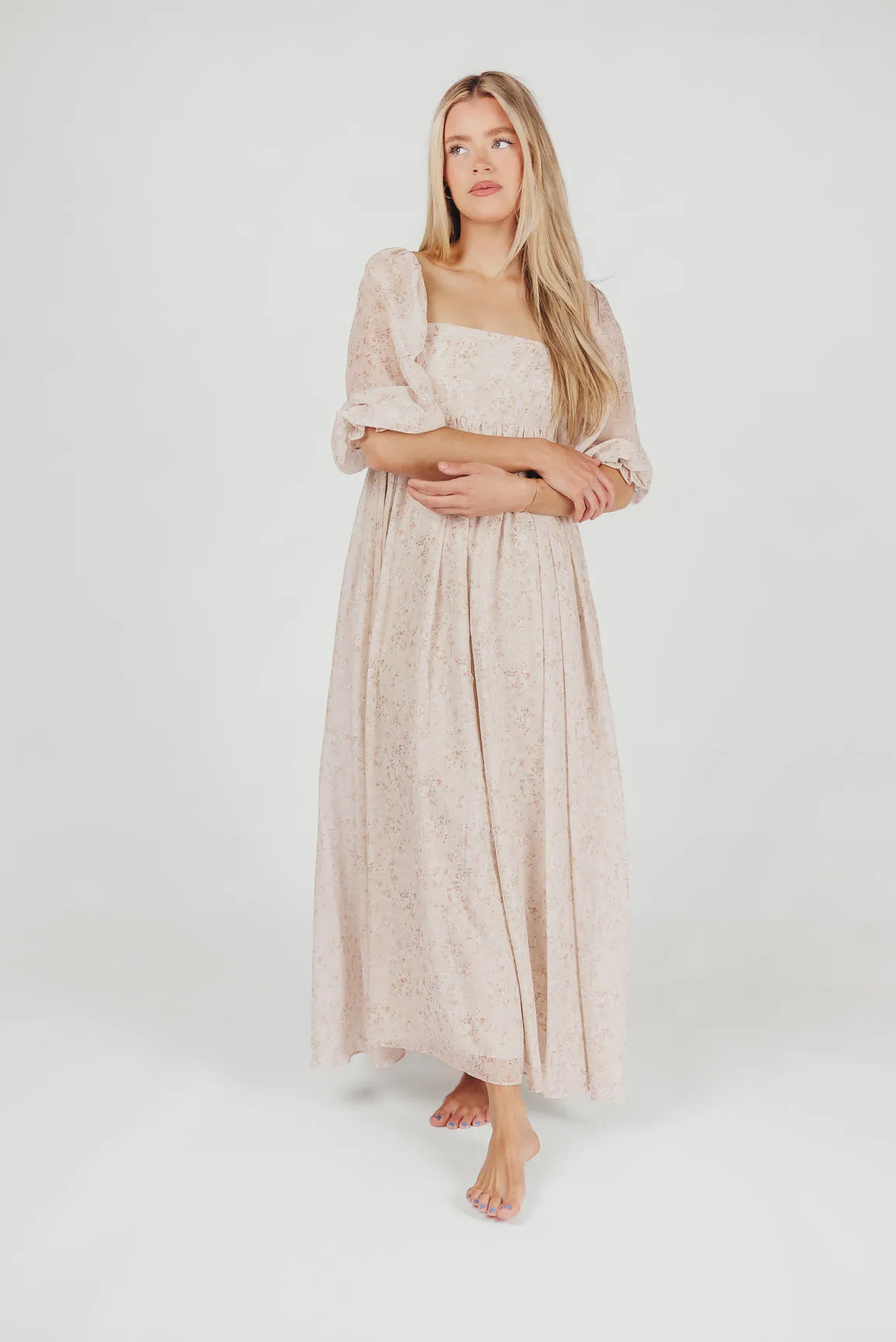 *New* Mona Maxi Dress with Smocking in Beige Floral - Bump Friendly & Inclusive Sizing (S-3XL)