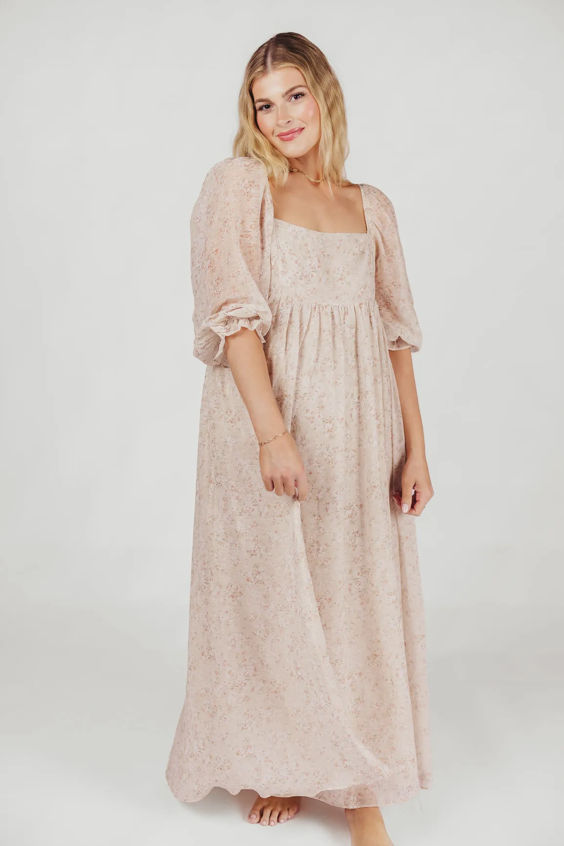 *New* Mona Maxi Dress with Smocking in Beige Floral - Bump Friendly & Inclusive Sizing (S-3XL)