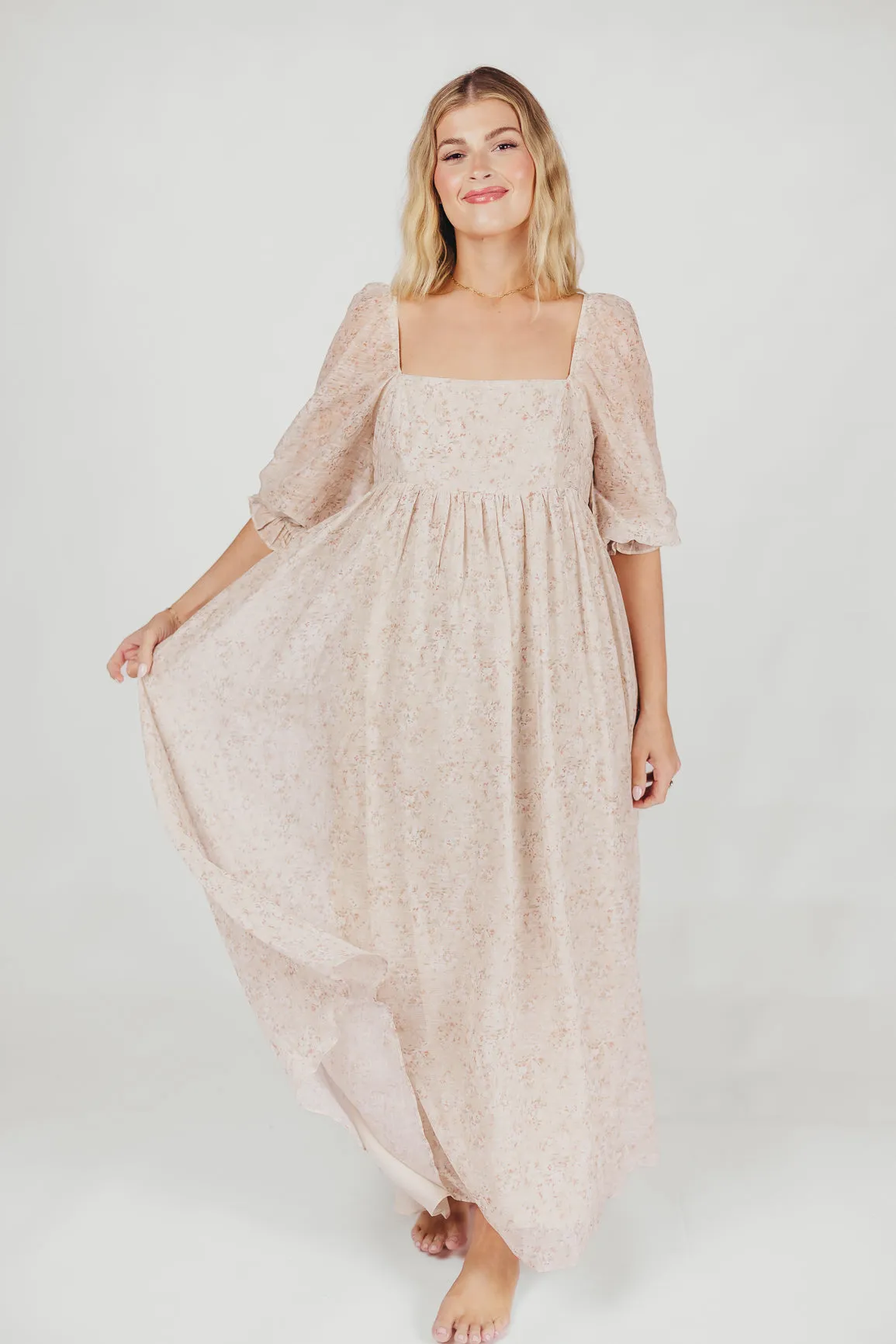 *New* Mona Maxi Dress with Smocking in Beige Floral - Bump Friendly & Inclusive Sizing (S-3XL)