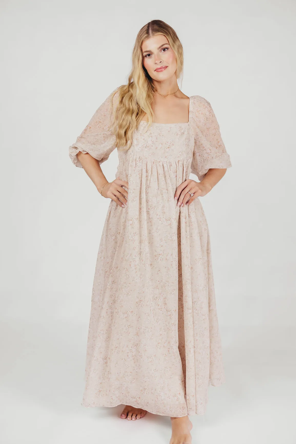 *New* Mona Maxi Dress with Smocking in Beige Floral - Bump Friendly & Inclusive Sizing (S-3XL)