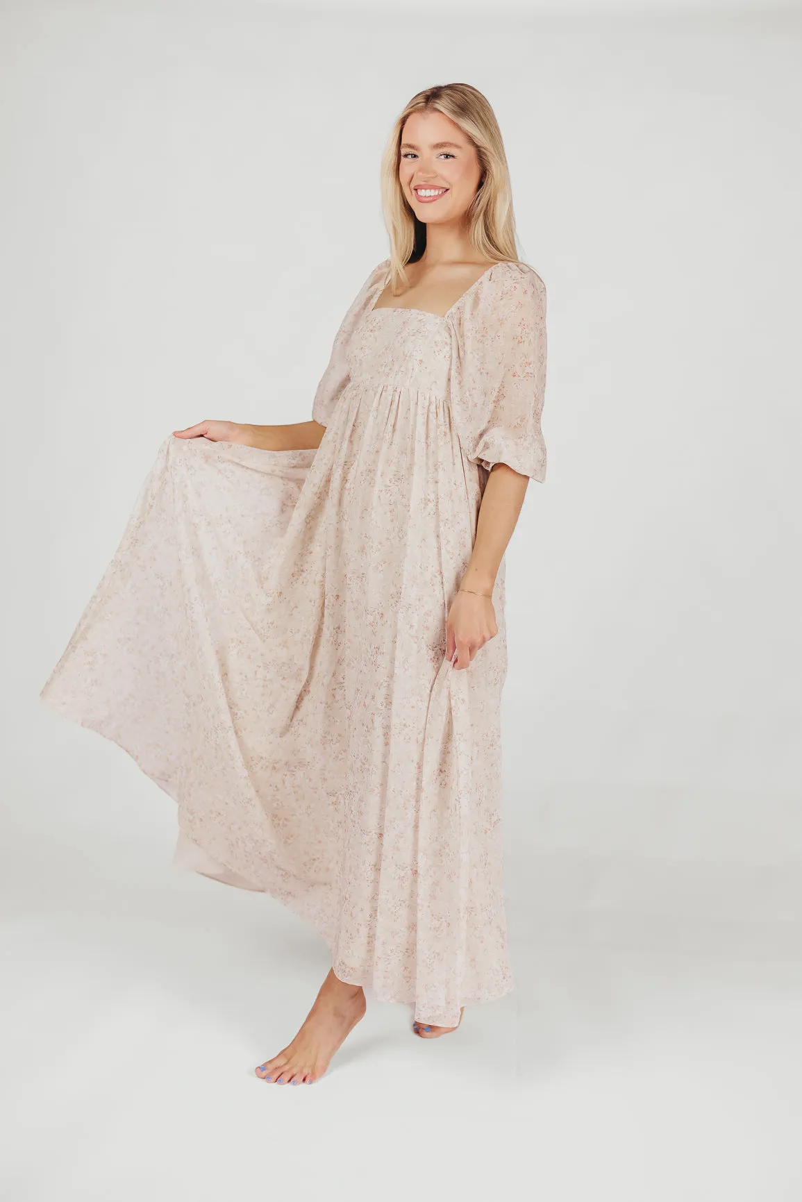 *New* Mona Maxi Dress with Smocking in Beige Floral - Bump Friendly & Inclusive Sizing (S-3XL)