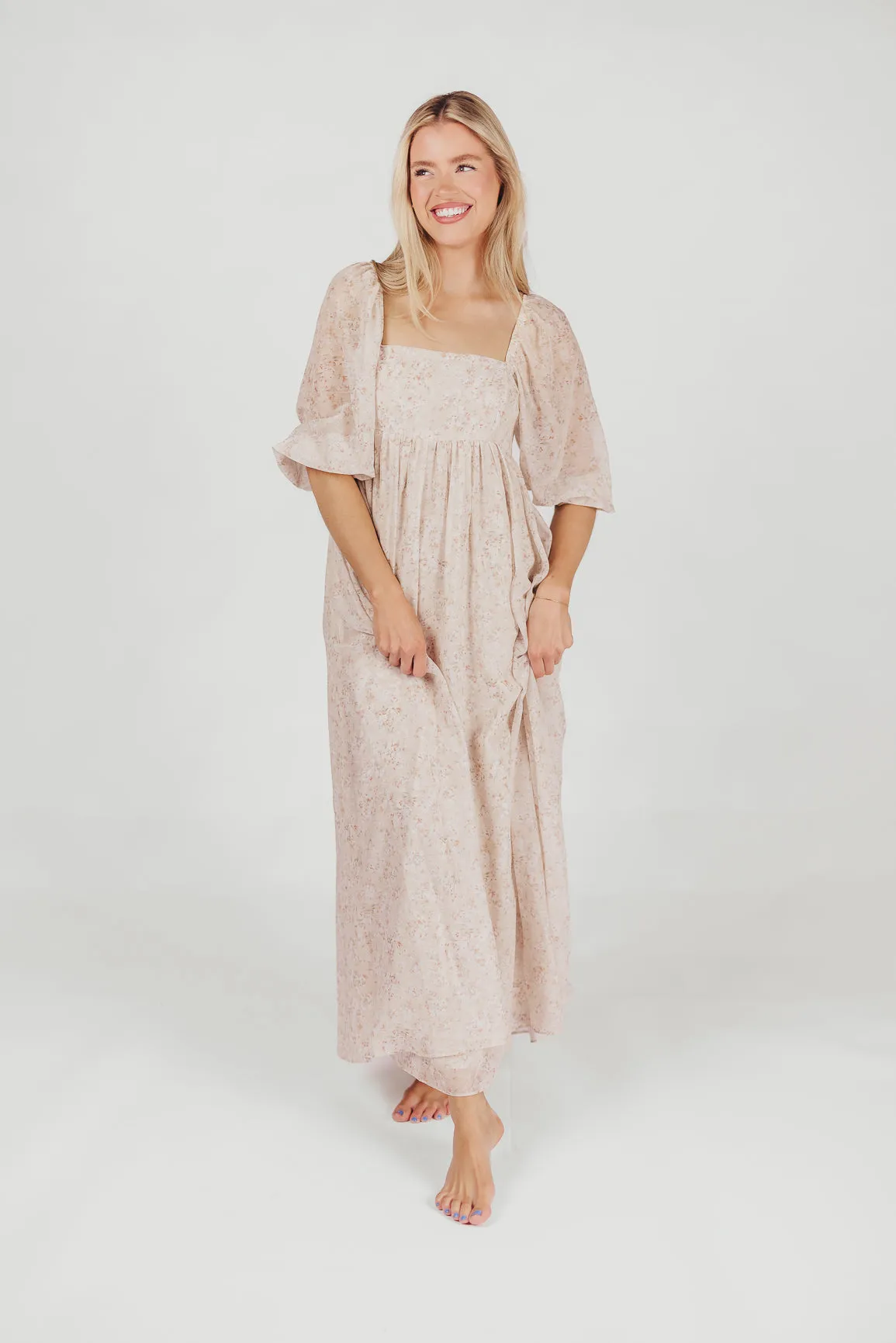 *New* Mona Maxi Dress with Smocking in Beige Floral - Bump Friendly & Inclusive Sizing (S-3XL)