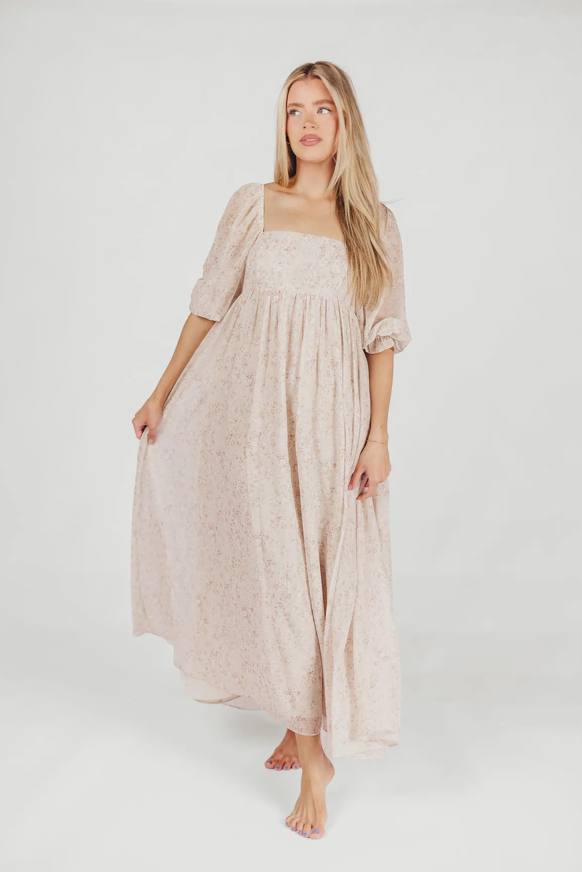 *New* Mona Maxi Dress with Smocking in Beige Floral - Bump Friendly & Inclusive Sizing (S-3XL)