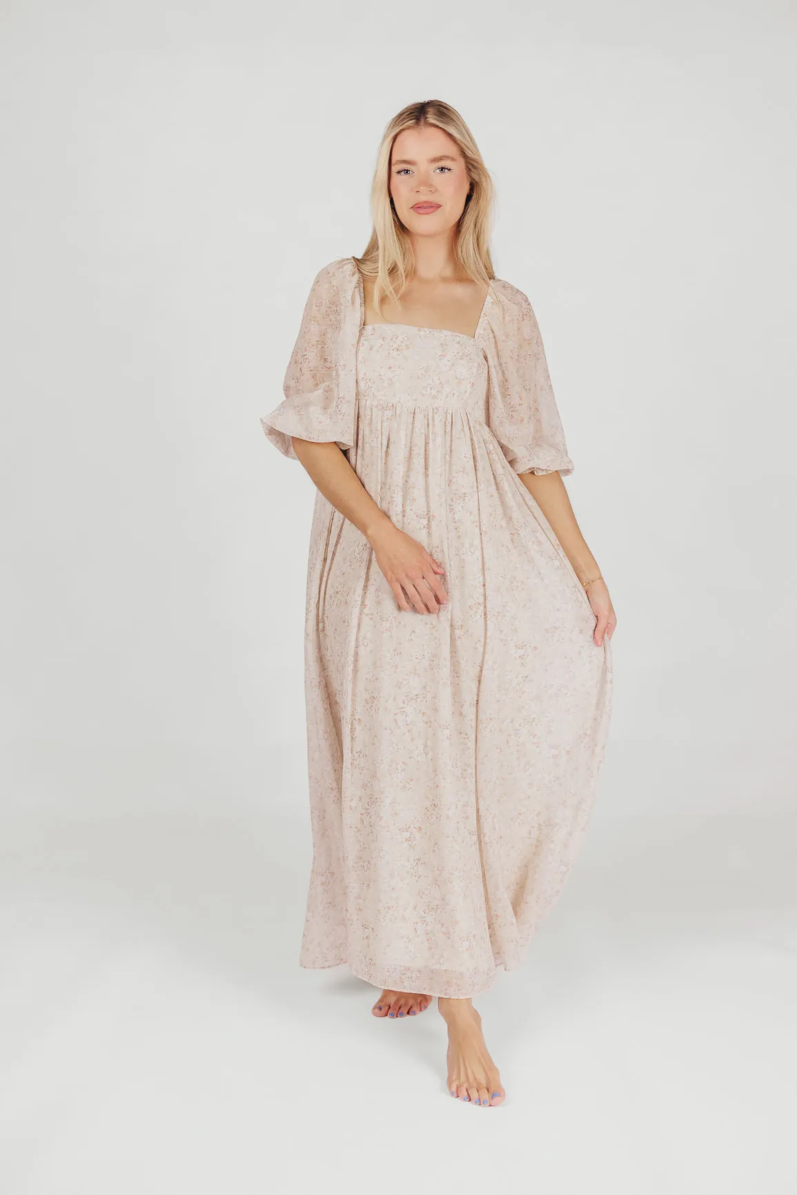 *New* Mona Maxi Dress with Smocking in Beige Floral - Bump Friendly & Inclusive Sizing (S-3XL)