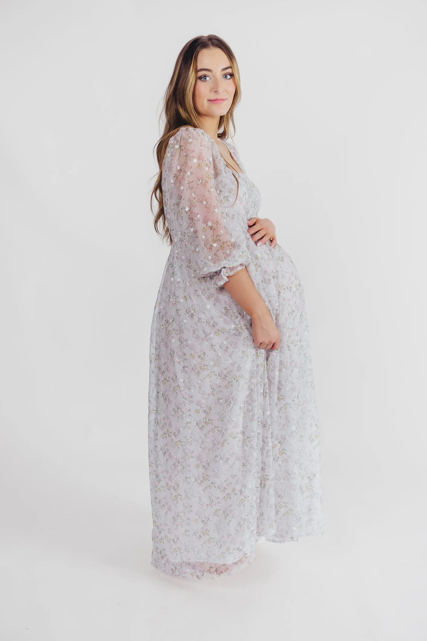 *New* Mona Maxi Dress with Smocking in Grey Floral - Bump Friendly (S-3XL)