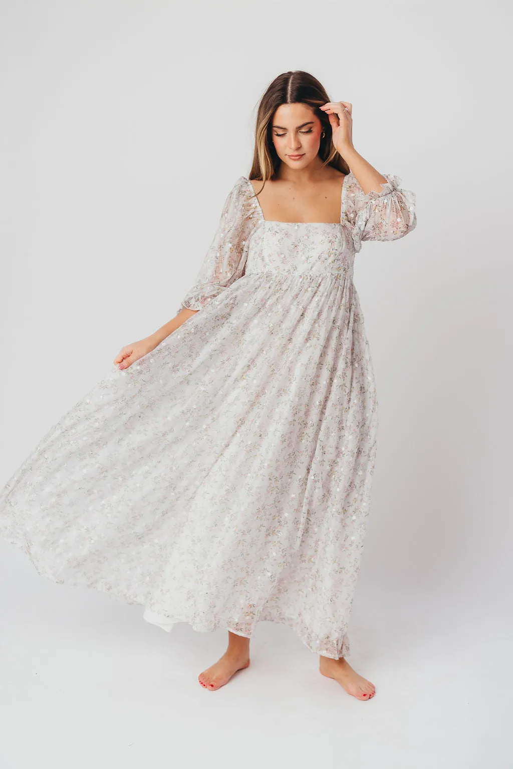 *New* Mona Maxi Dress with Smocking in Grey Floral - Bump Friendly (S-3XL)