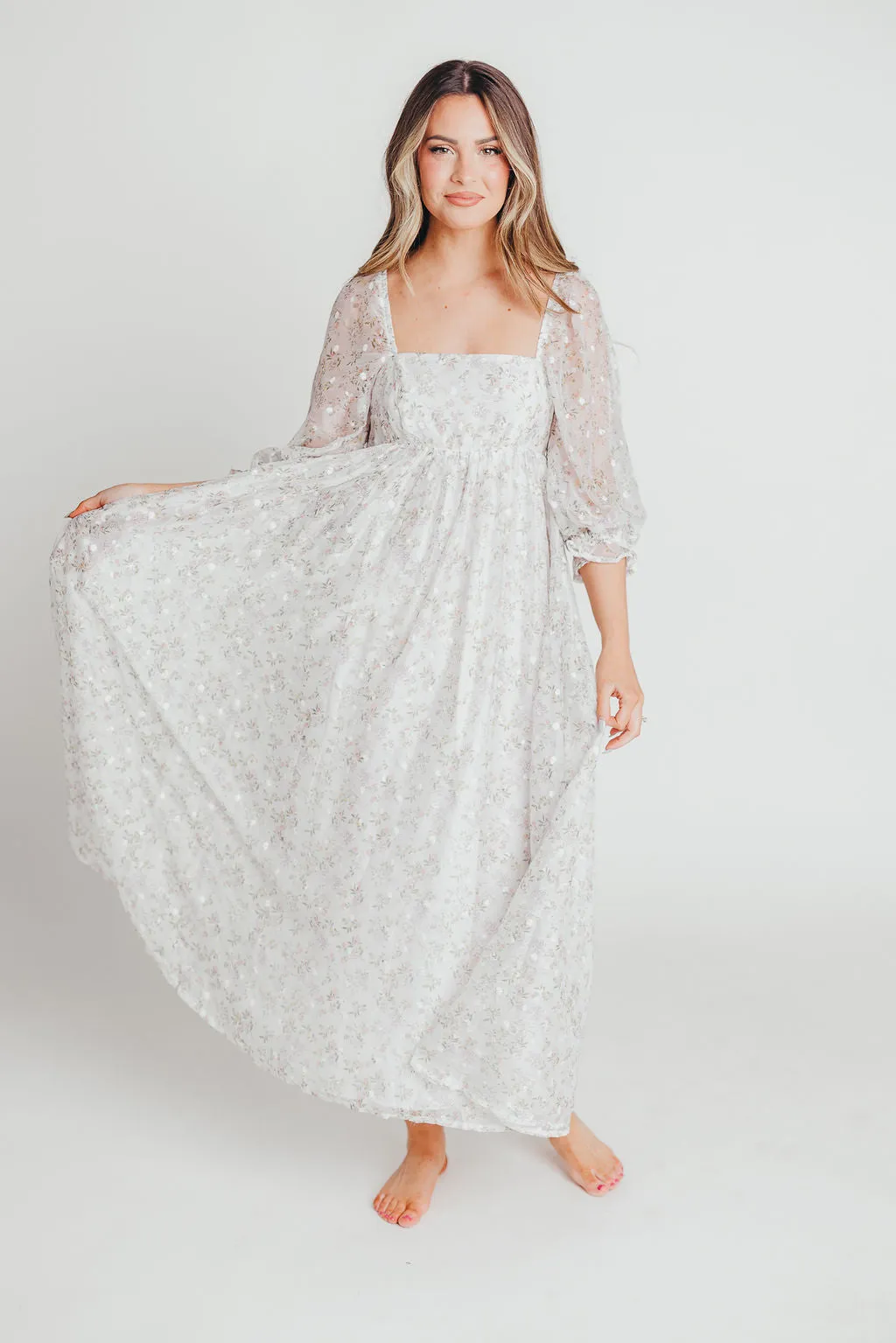 *New* Mona Maxi Dress with Smocking in Grey Floral - Bump Friendly (S-3XL)