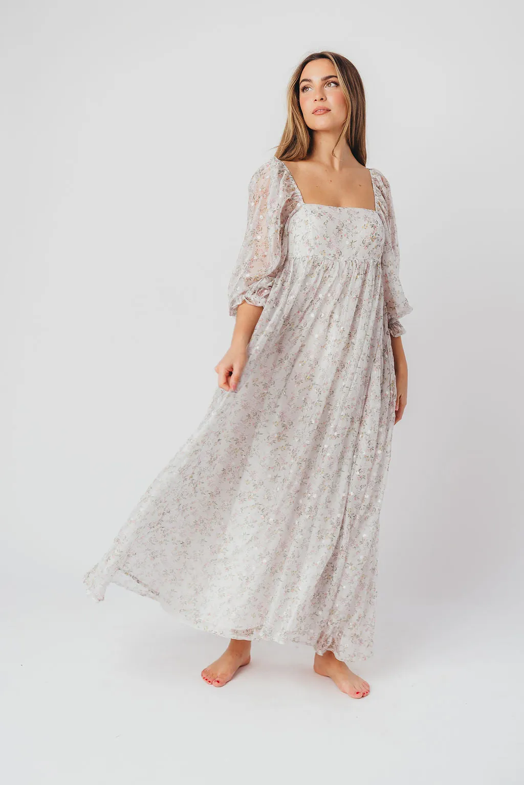 *New* Mona Maxi Dress with Smocking in Grey Floral - Bump Friendly (S-3XL)