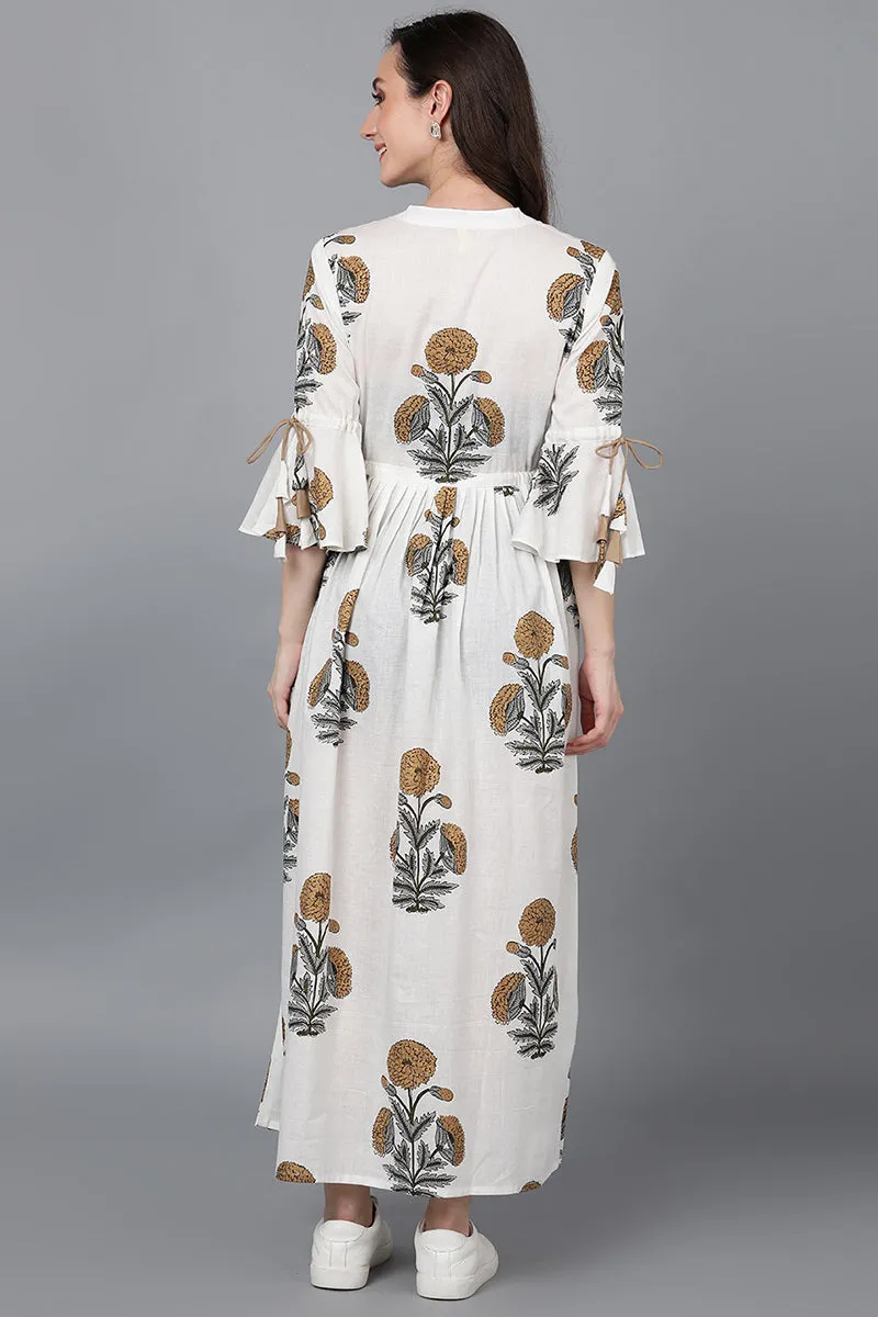 Off White Cotton Floral Maxi Dress