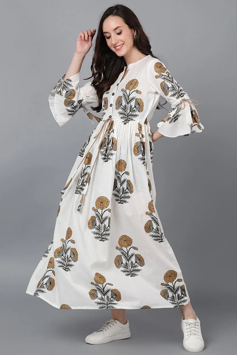 Off White Cotton Floral Maxi Dress