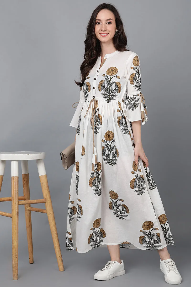 Off White Cotton Floral Maxi Dress