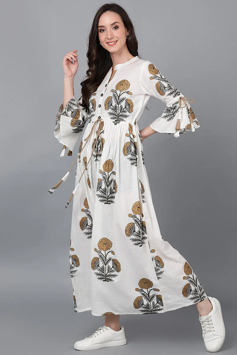 Off White Cotton Floral Maxi Dress