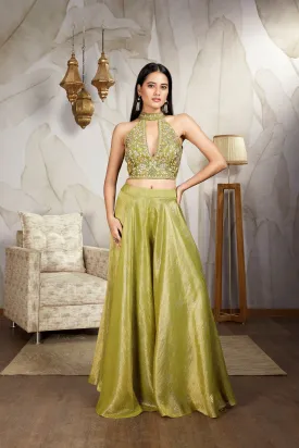 Olive Green Embellished Tissue Organza Silk Palazzo Set