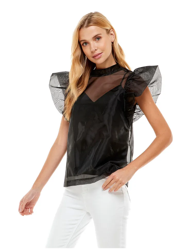 ORGANZA RUFFLED SLEEVE TOP IN BLACK