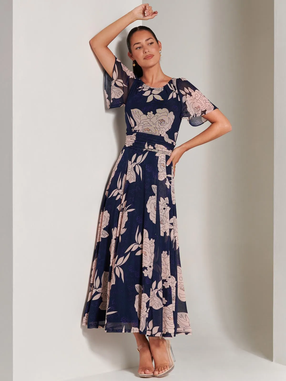 Paityn Angel Sleeve Mesh Maxi Dress, Navy Floral