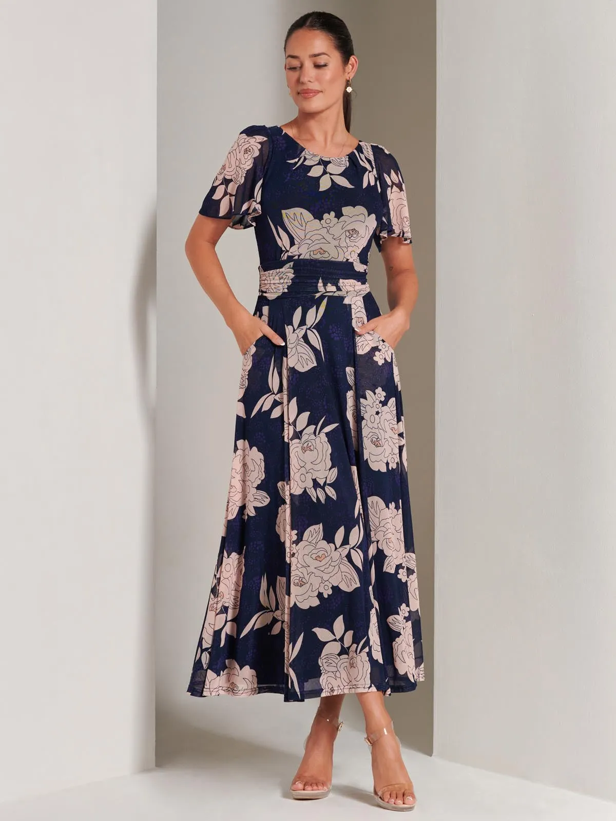 Paityn Angel Sleeve Mesh Maxi Dress, Navy Floral