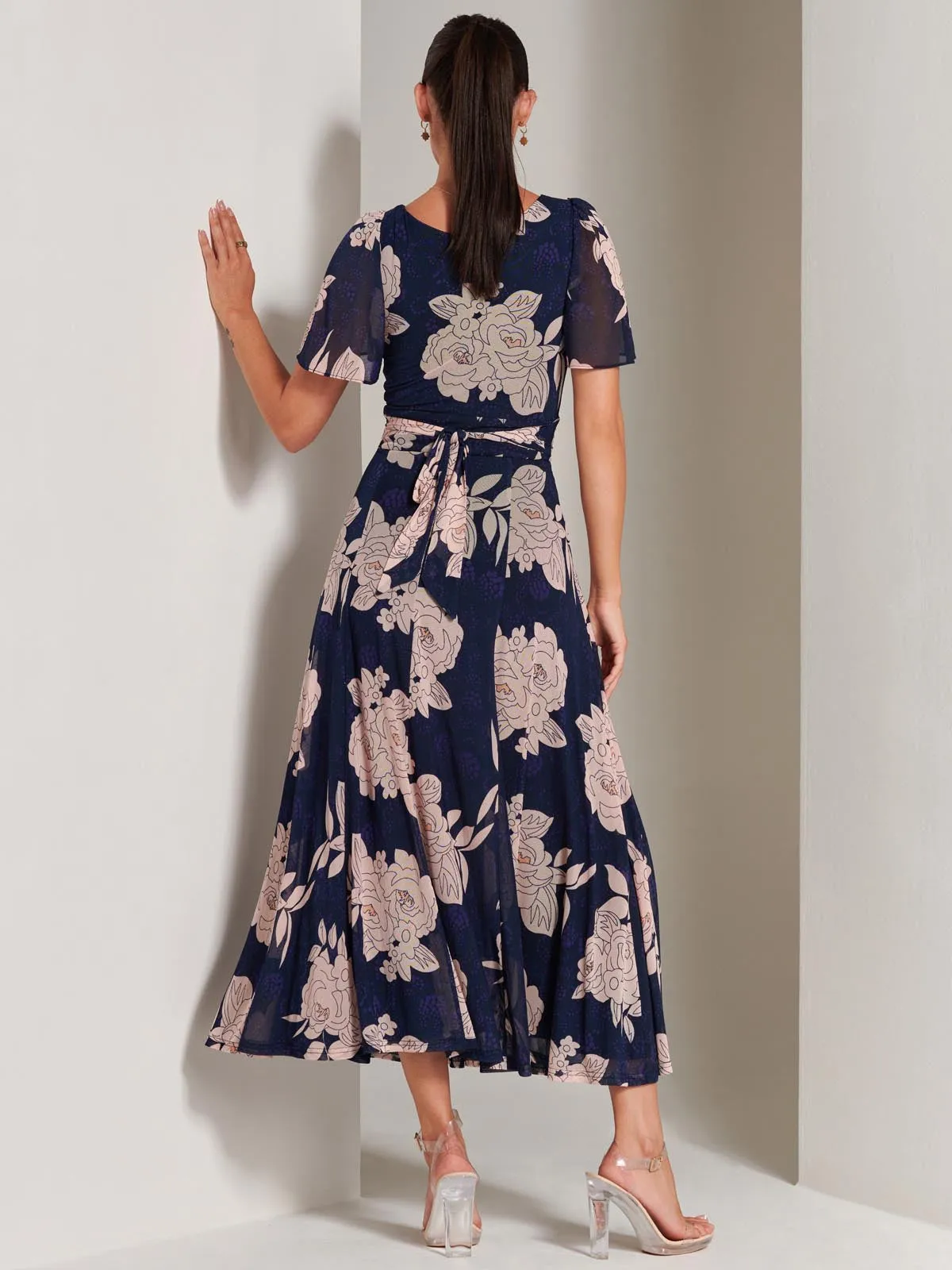 Paityn Angel Sleeve Mesh Maxi Dress, Navy Floral