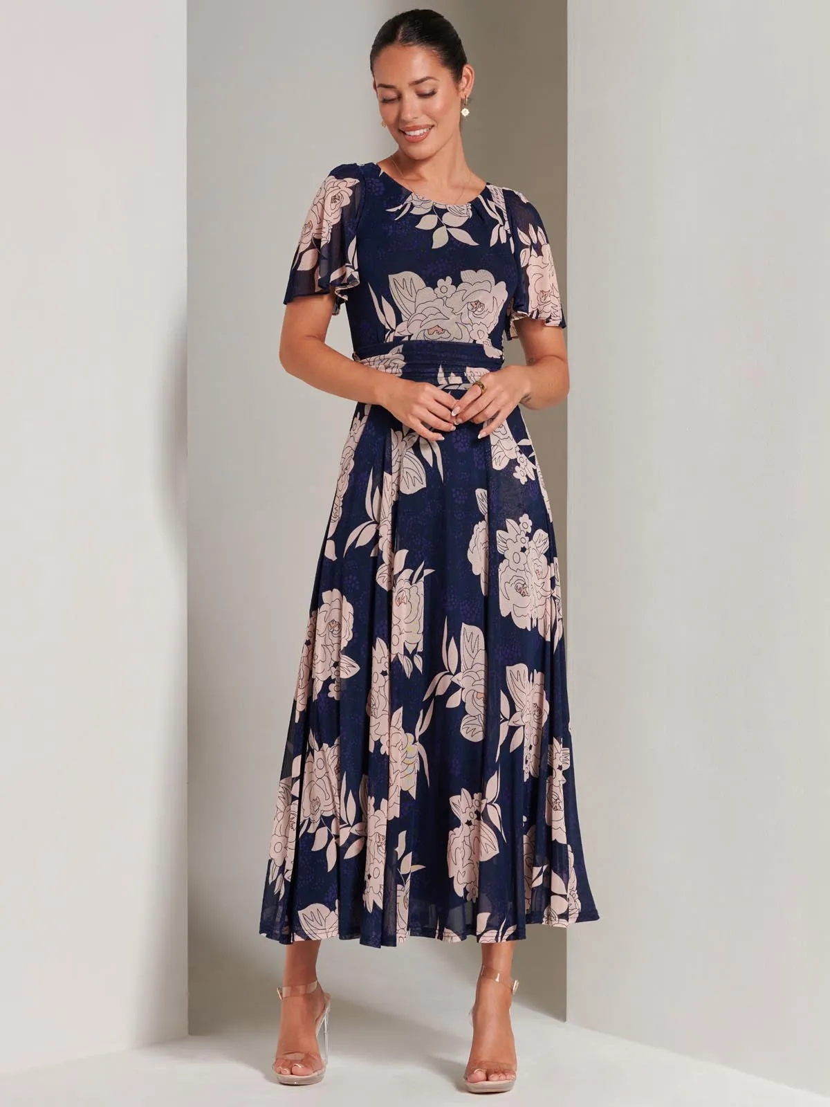 Paityn Angel Sleeve Mesh Maxi Dress, Navy Floral