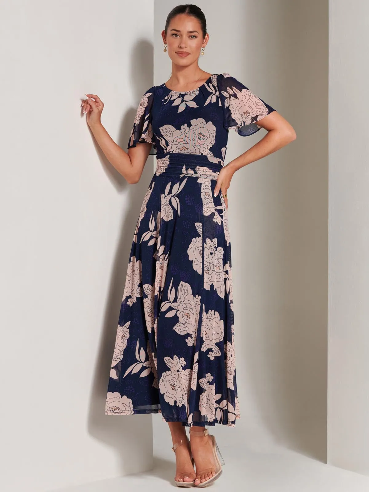 Paityn Angel Sleeve Mesh Maxi Dress, Navy Floral