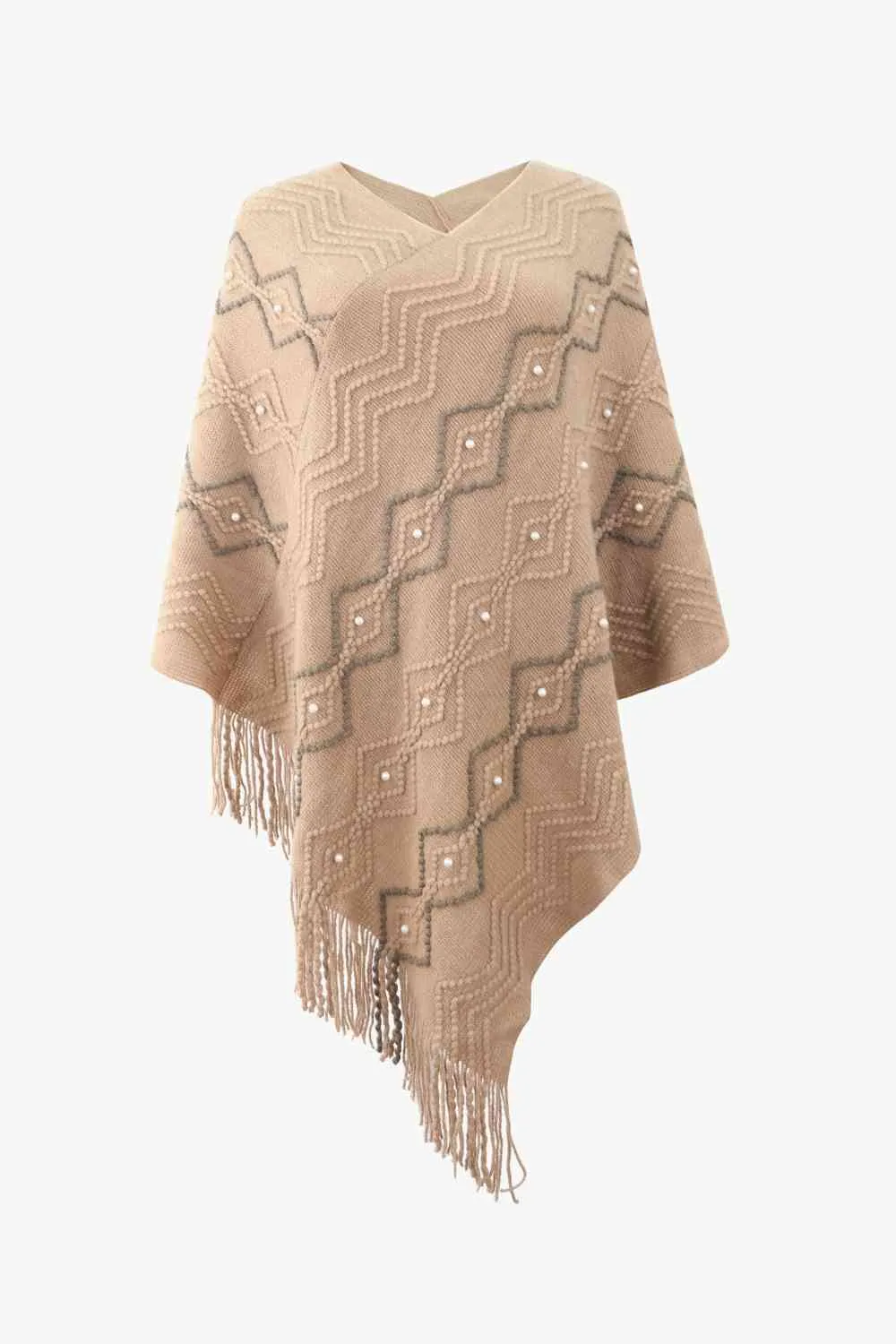 Pearl Trim V-Neck Fringe Hem Poncho