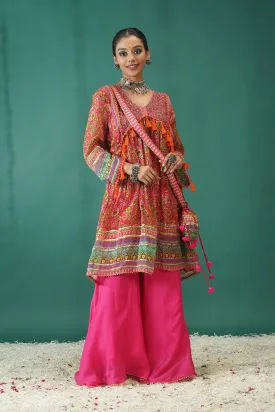 Pink Traditional Printed Chinon Silk Palazzo Set