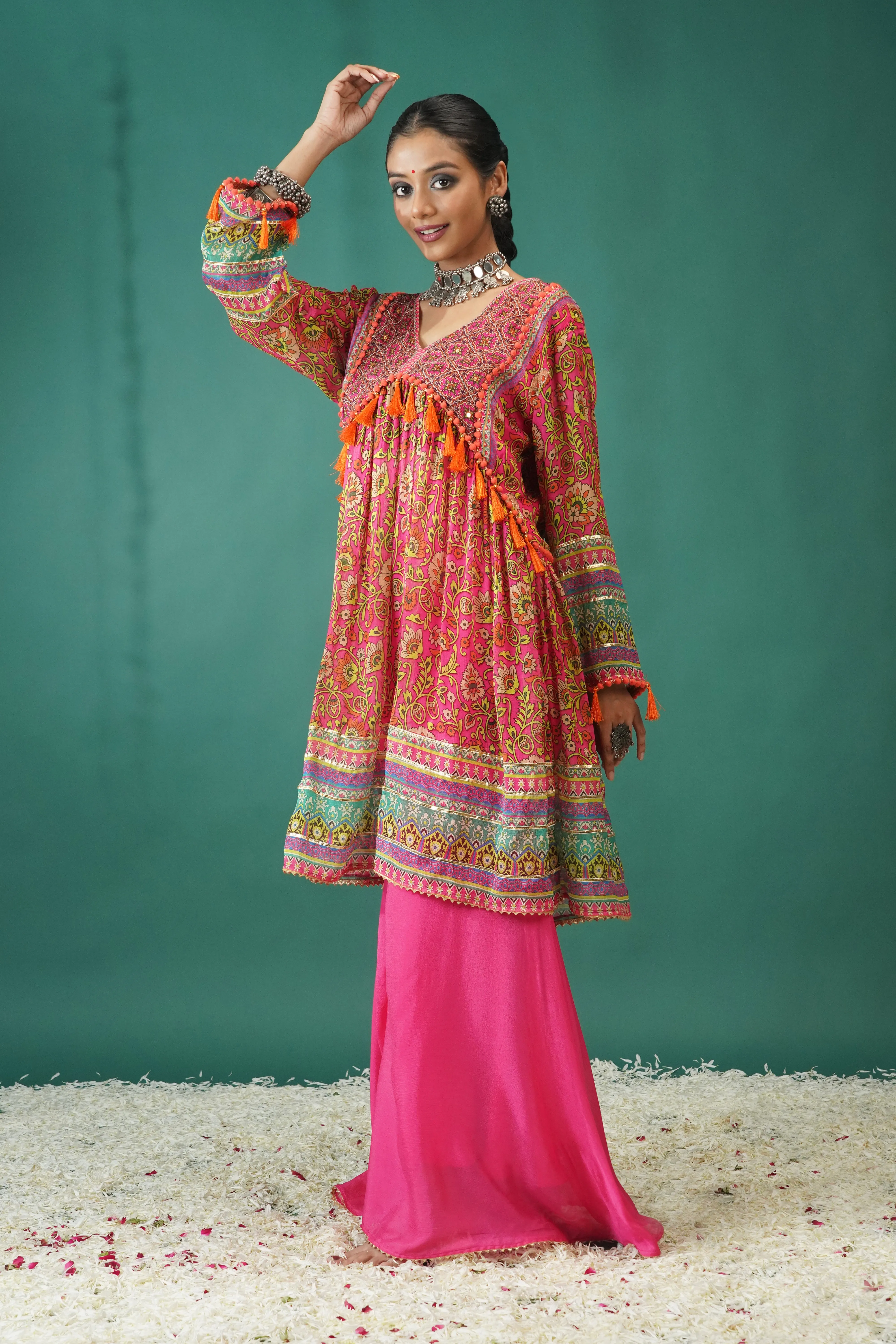 Pink Traditional Printed Chinon Silk Palazzo Set