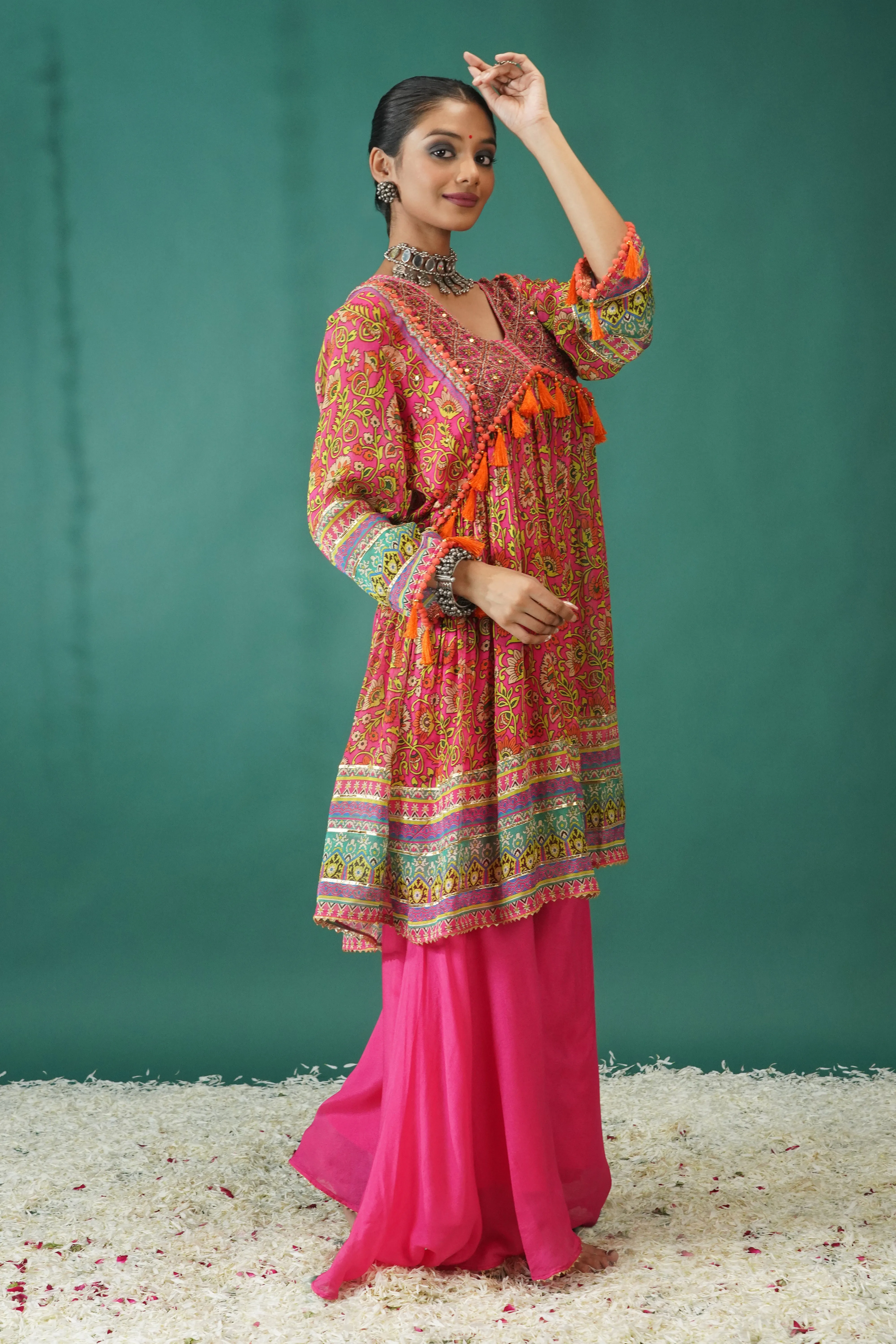 Pink Traditional Printed Chinon Silk Palazzo Set