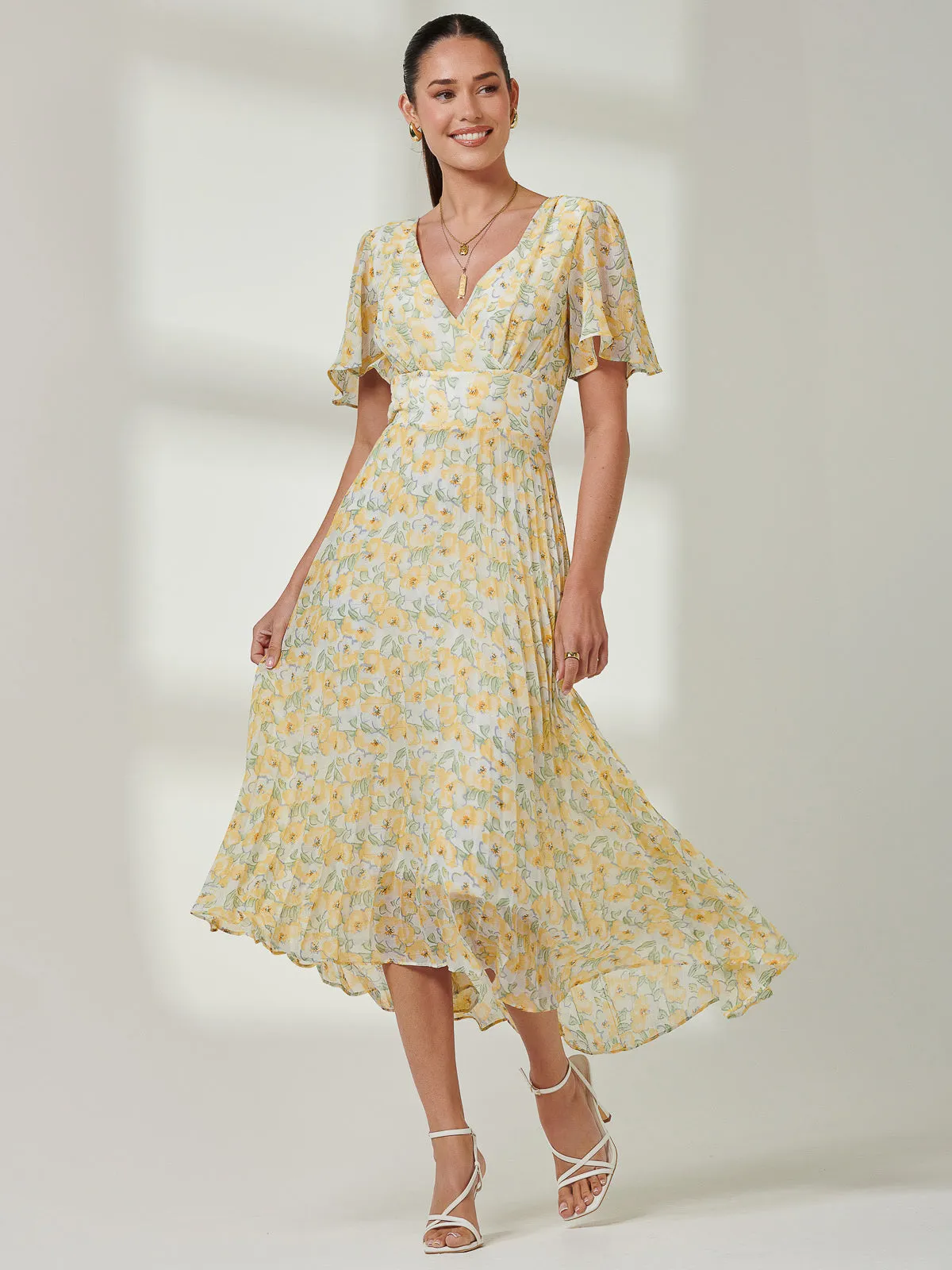 Pleated Dip Hem Chiffon Midaxi Dress, Yellow Floral