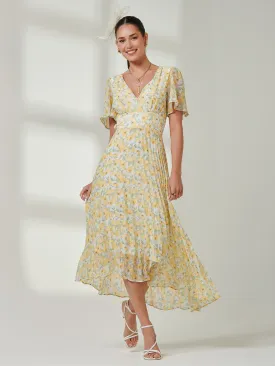 Pleated Dip Hem Chiffon Midaxi Dress, Yellow Floral