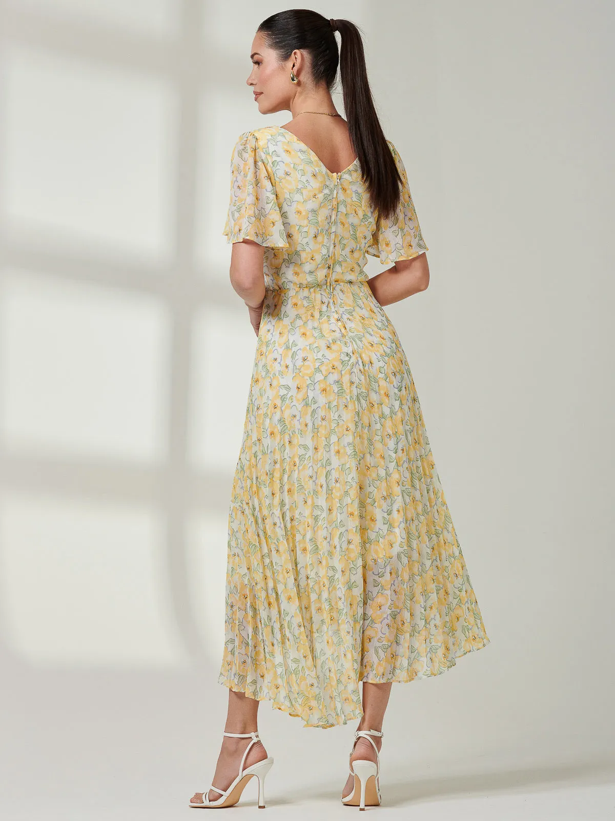 Pleated Dip Hem Chiffon Midaxi Dress, Yellow Floral