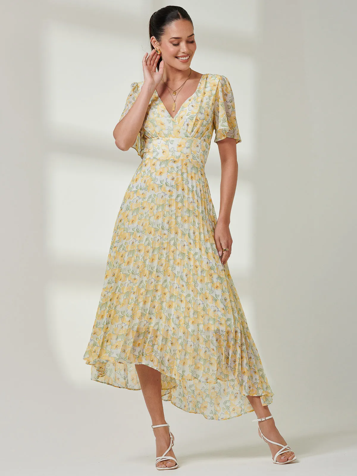 Pleated Dip Hem Chiffon Midaxi Dress, Yellow Floral