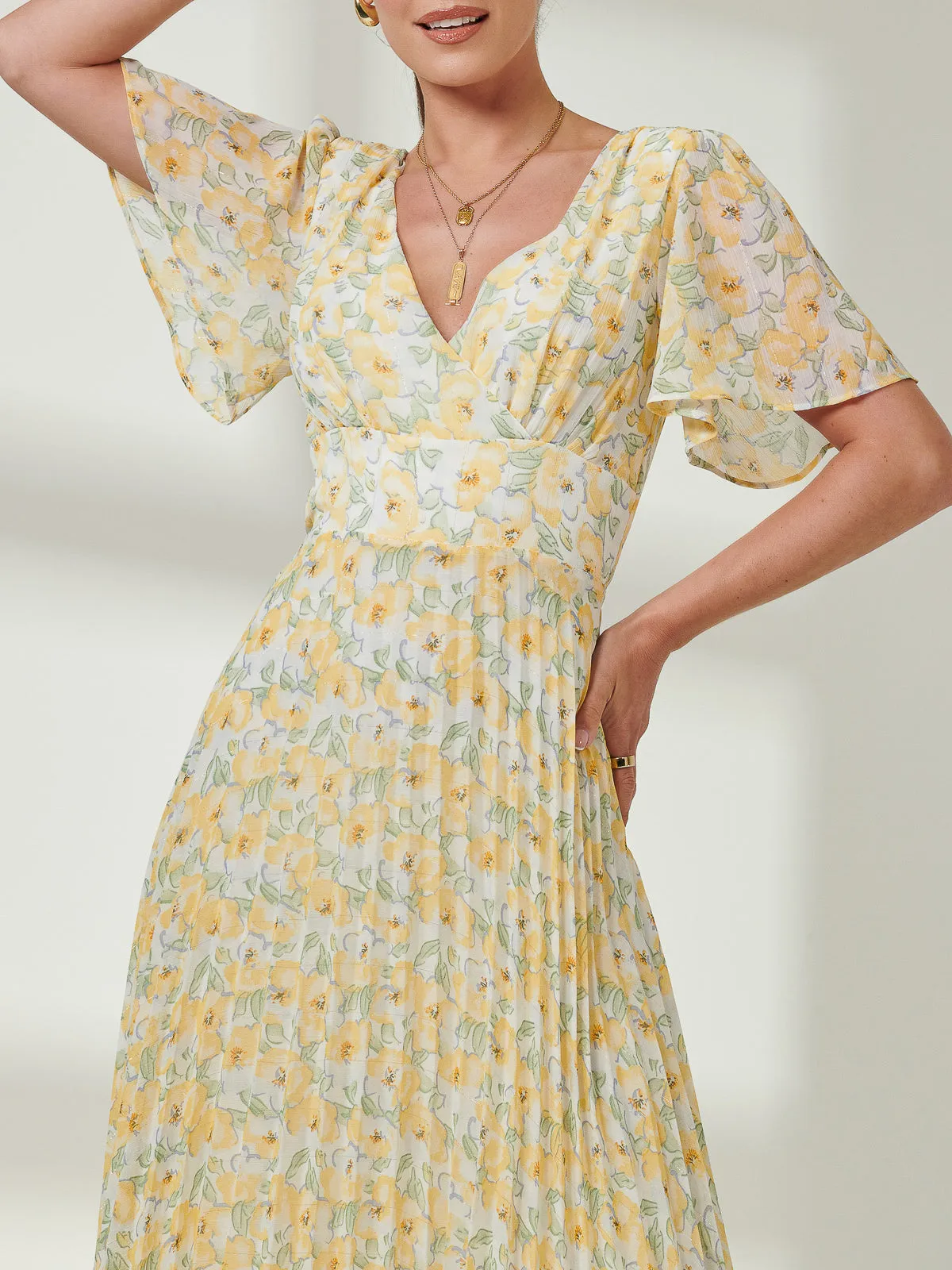 Pleated Dip Hem Chiffon Midaxi Dress, Yellow Floral