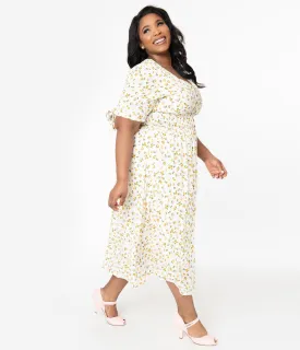 Plus Size 1970s Style Ivory & Yellow Delicate Floral Print Midi Dress