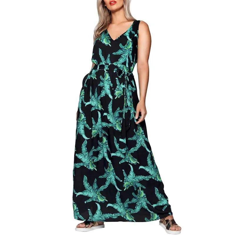 Plus Size 5XL Big size Floral Print  green flower maxi women dress fashion V-neck long dress  Sleeveless casual party dress (US 16W-24W)