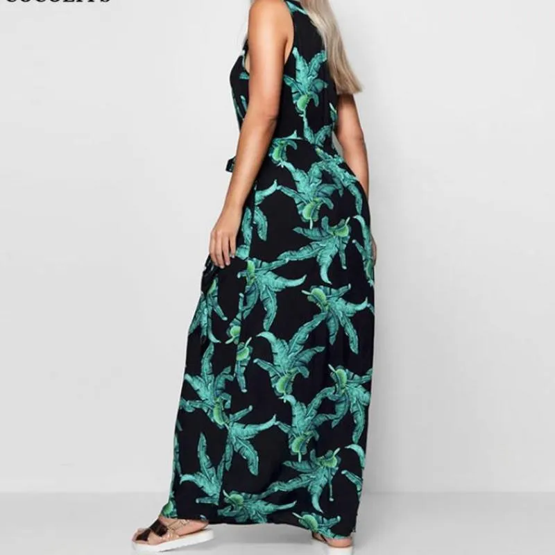 Plus Size 5XL Big size Floral Print  green flower maxi women dress fashion V-neck long dress  Sleeveless casual party dress (US 16W-24W)