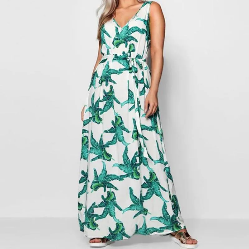 Plus Size 5XL Big size Floral Print  green flower maxi women dress fashion V-neck long dress  Sleeveless casual party dress (US 16W-24W)