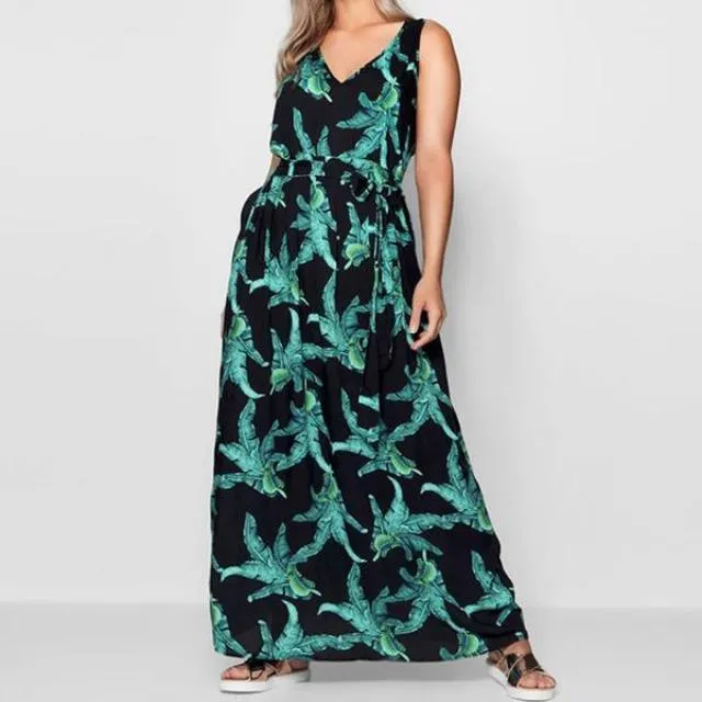 Plus Size 5XL Big size Floral Print  green flower maxi women dress fashion V-neck long dress  Sleeveless casual party dress (US 16W-24W)