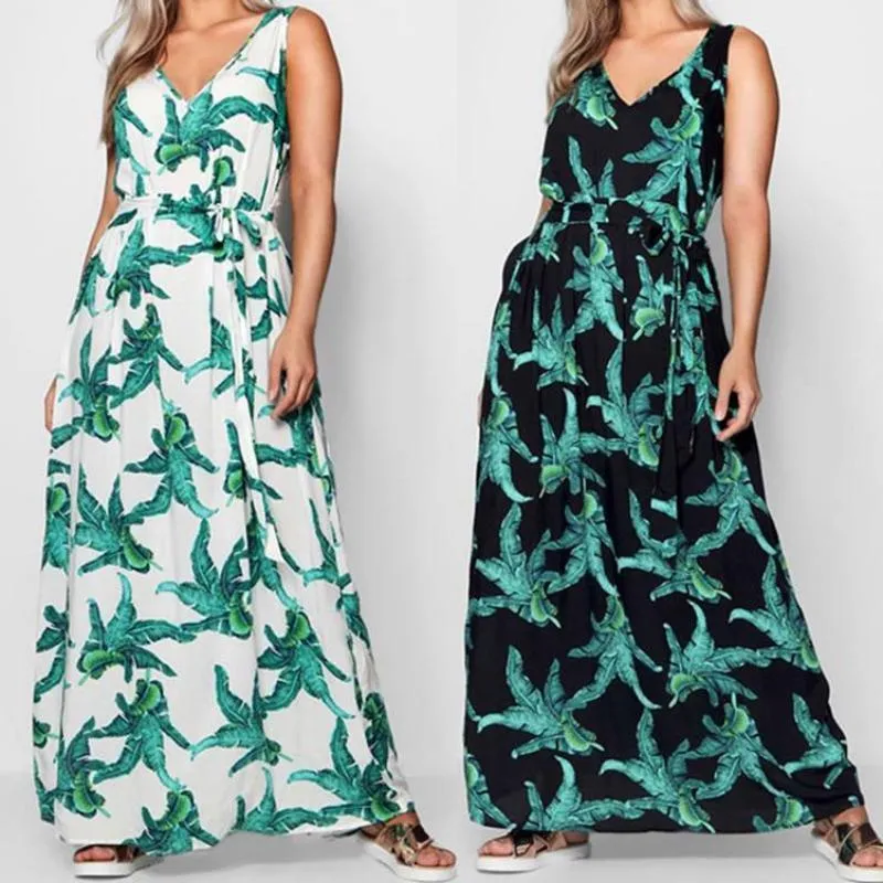 Plus Size 5XL Big size Floral Print  green flower maxi women dress fashion V-neck long dress  Sleeveless casual party dress (US 16W-24W)