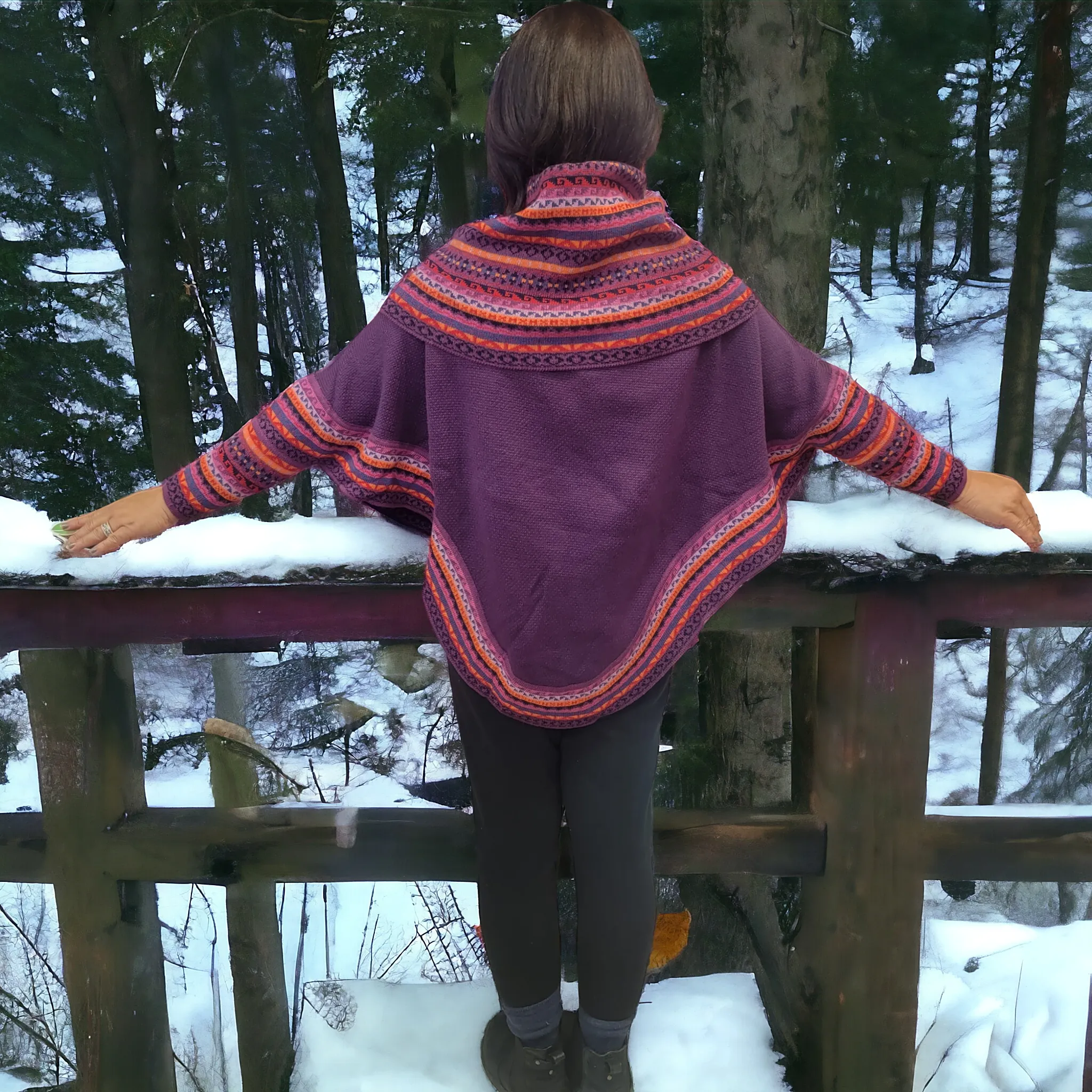 Purple poncho with sleeves is knit of alpaca fibers #0028