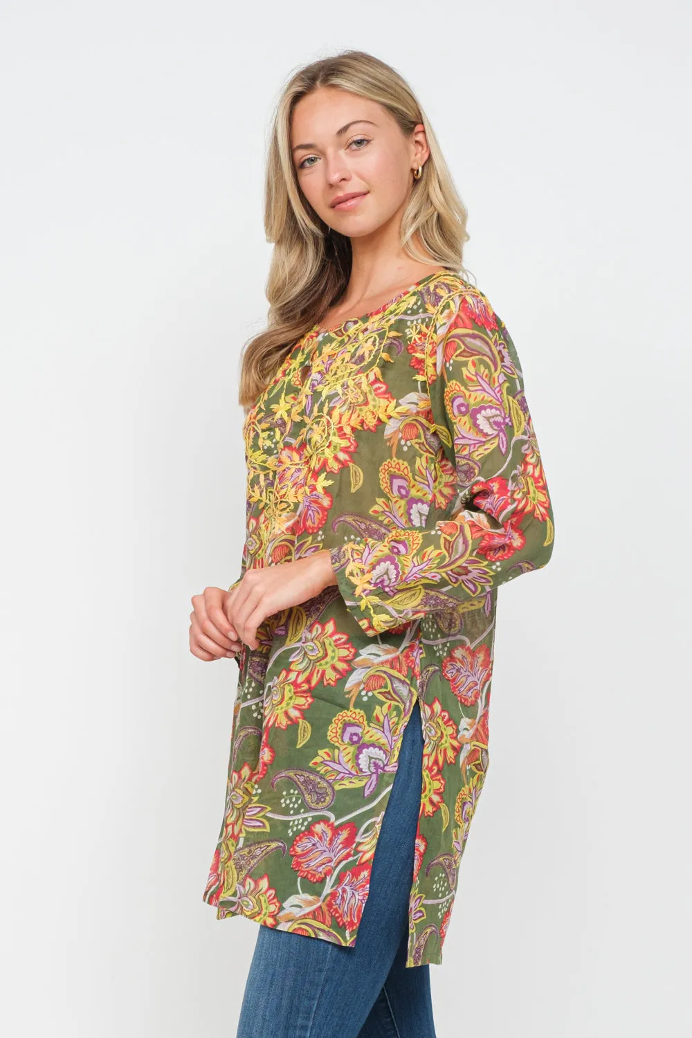 RAJ CARLYLE OLIVE/MULTI PRINTED EMBROIDERED TUNIC