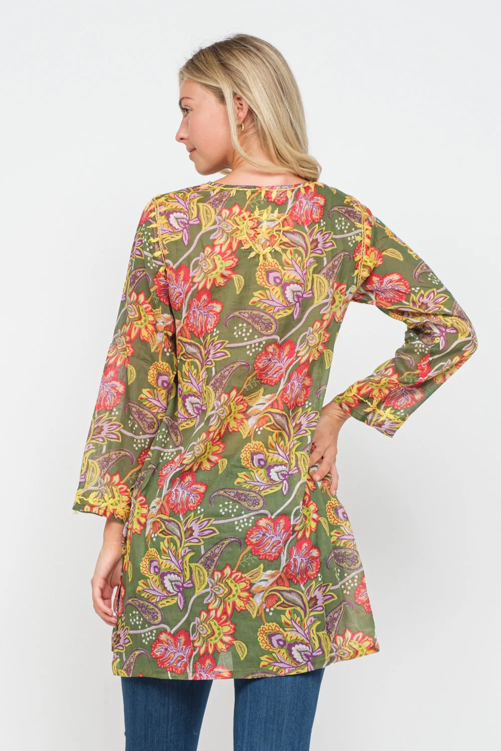 RAJ CARLYLE OLIVE/MULTI PRINTED EMBROIDERED TUNIC