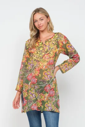 RAJ CARLYLE OLIVE/MULTI PRINTED EMBROIDERED TUNIC